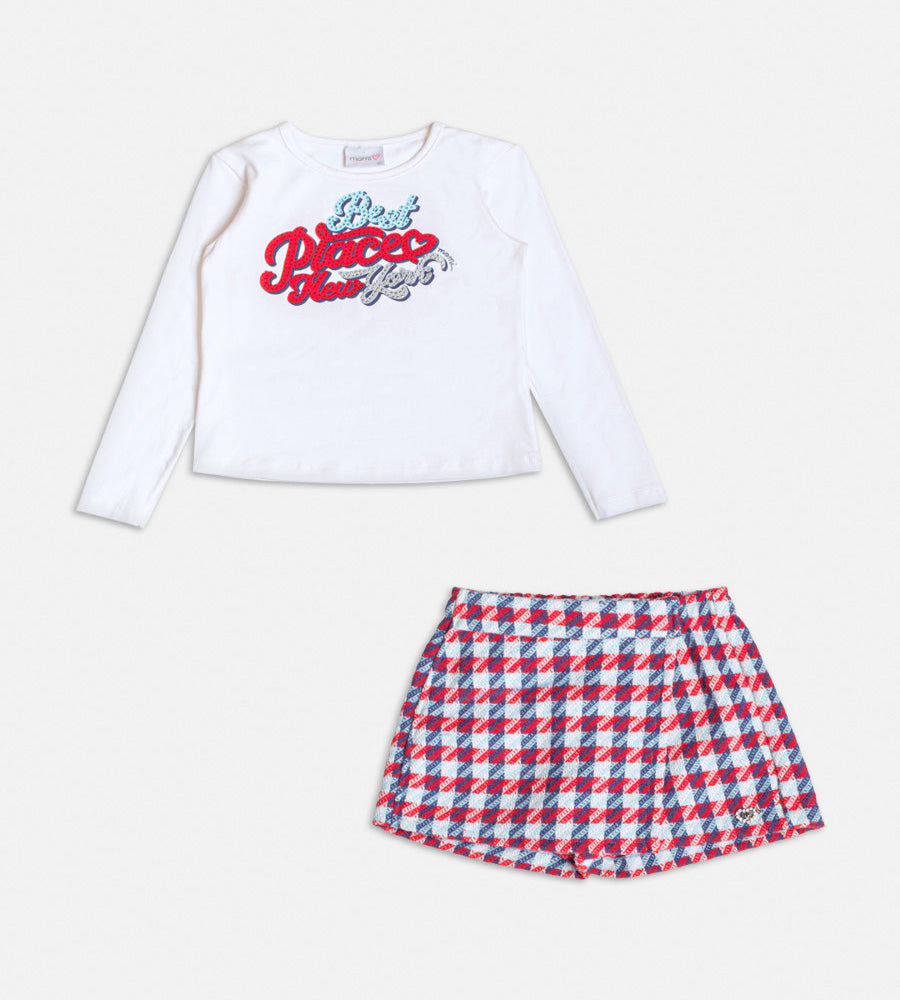 Conjunto ML Blusa Best Places New York e shorts xadrez vermelho e azul Infantil