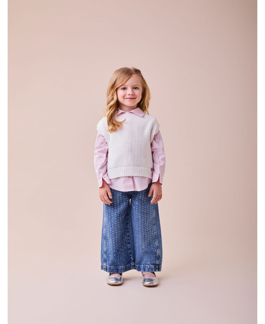 Camisa ML Listrada com Strass Média Rosa/Off