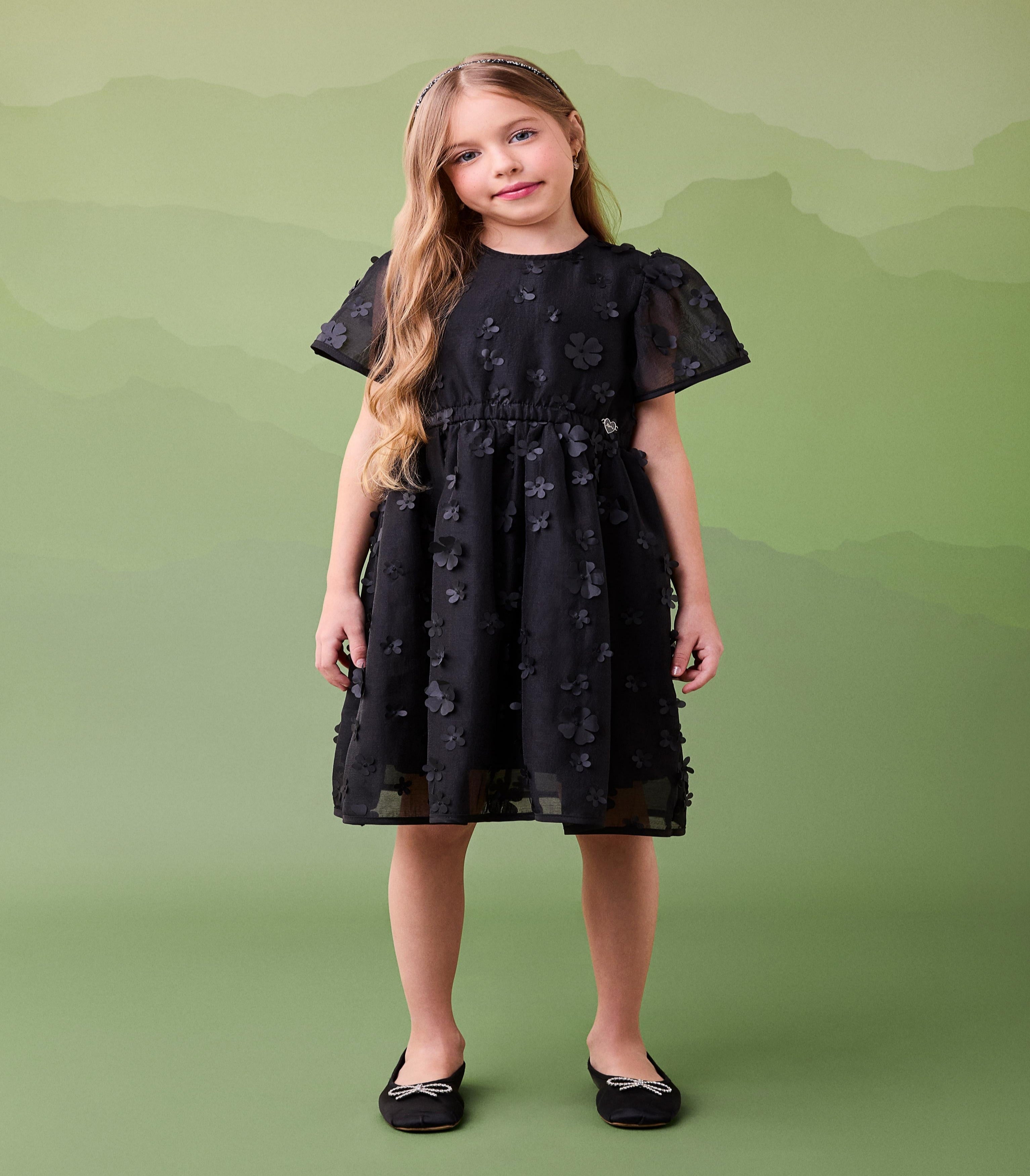 Vestido Tafetá Bordado Flores Preto