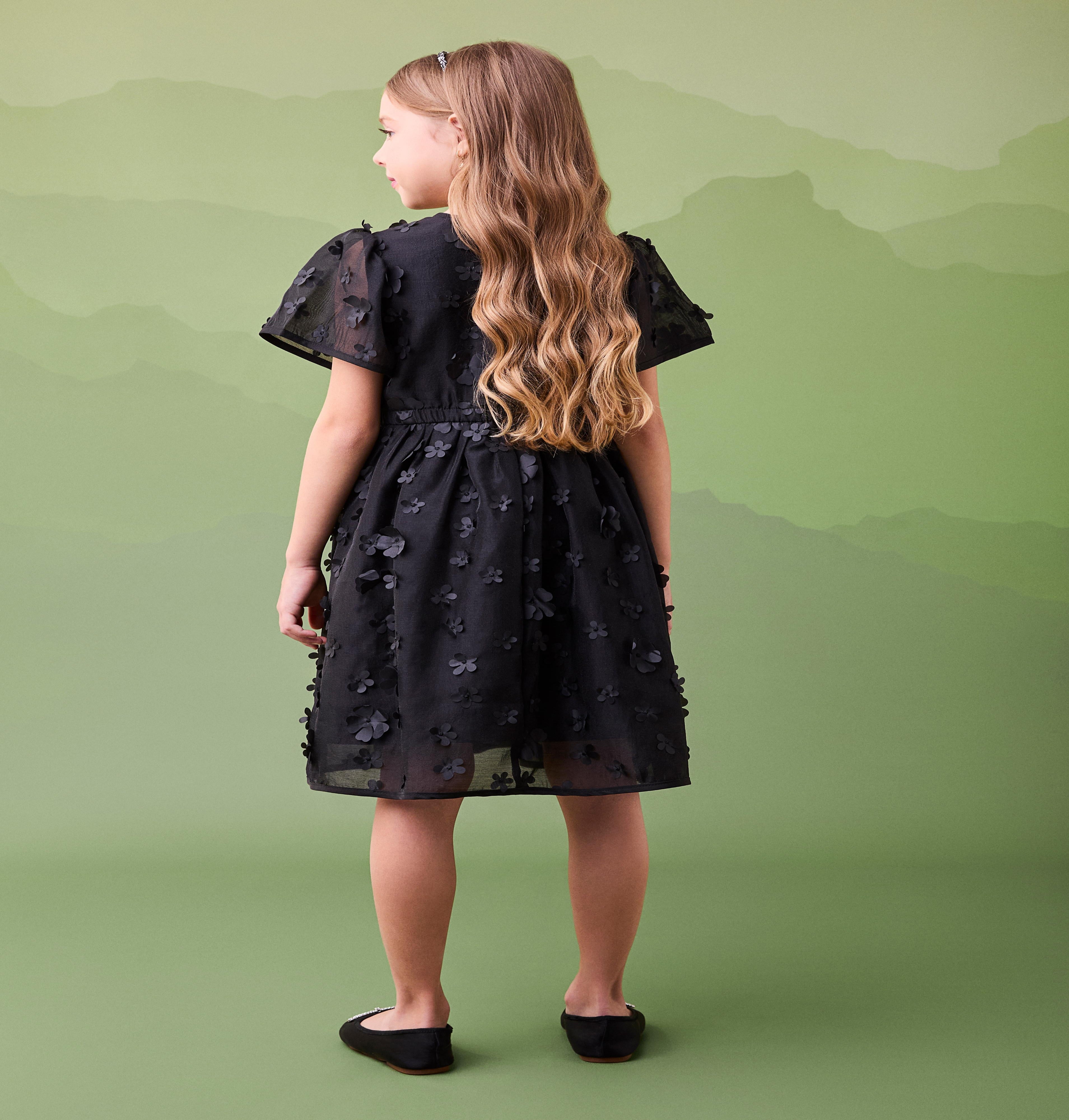 Vestido Tafetá Bordado Flores Preto