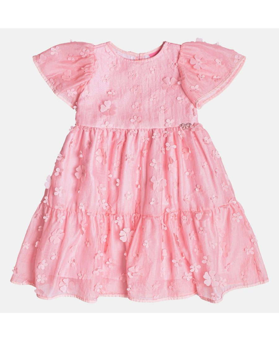 Vestido Tule Bordado de Flores Rosa
