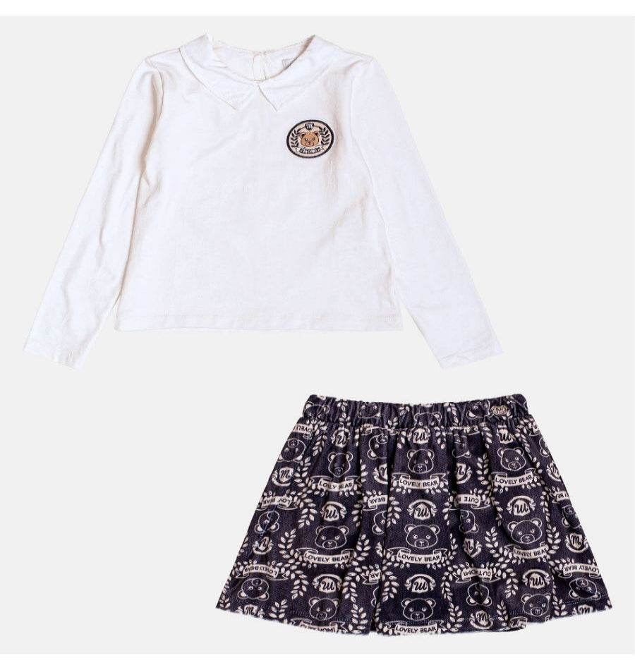 Conjunto ML Blusa Branca e Saia com ursinhos