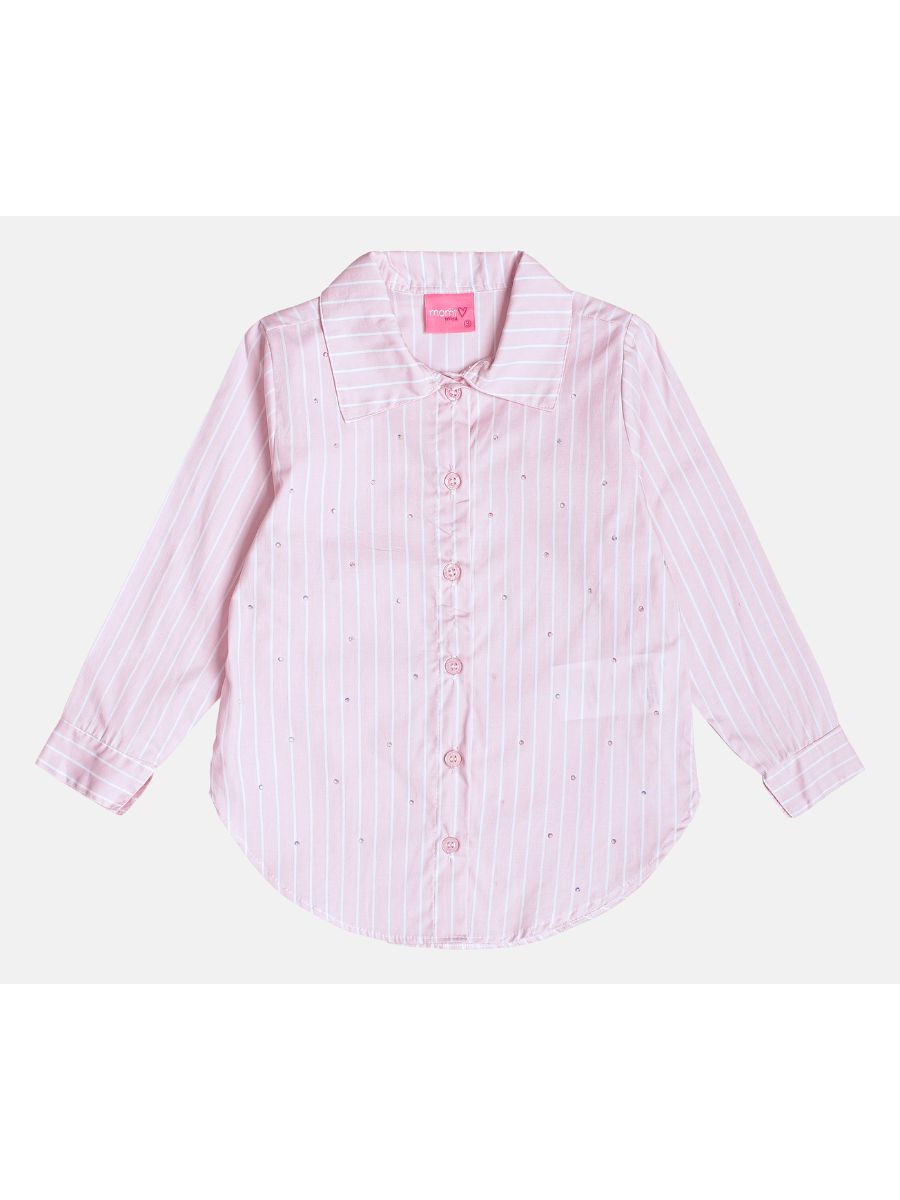 Camisa ML Listrada com Strass Média Rosa/Off