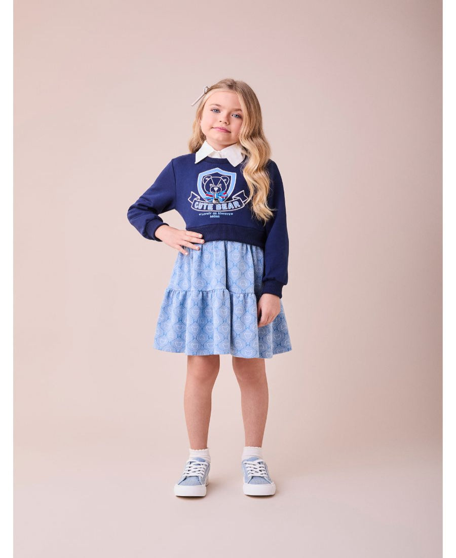 Vestido com Saia Jacquard Urso Azul Marinho