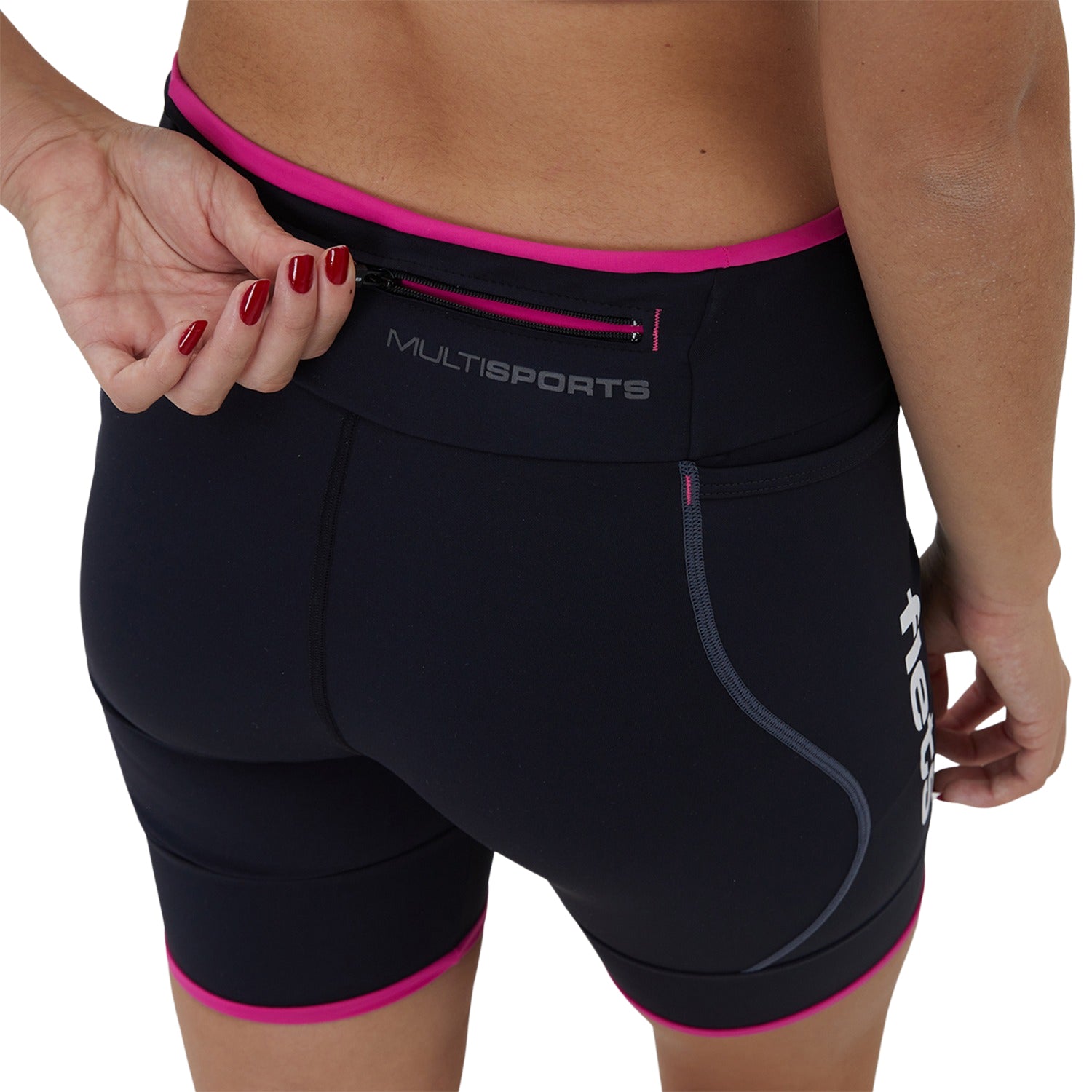 Bermuda Run Feminina 3 Bolsos Preto detalhe Rosa