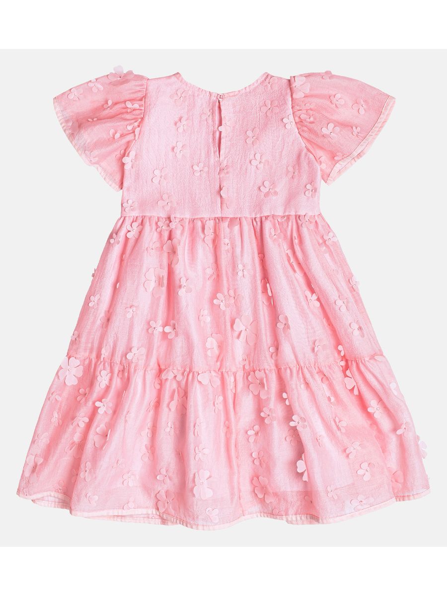 Vestido Tule Bordado de Flores Rosa