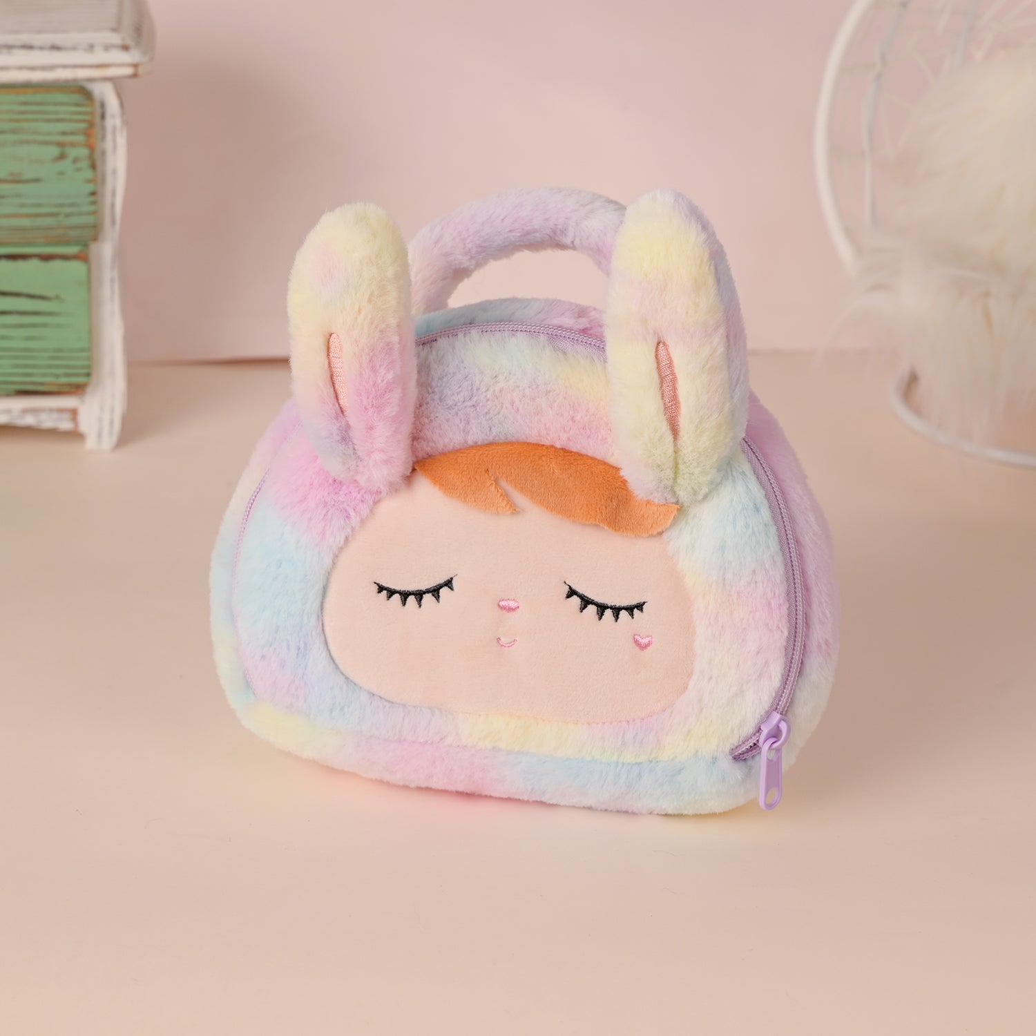 Bolsa Metoo Plush Coelha Rosa Arco-Íris com Alça de Mão