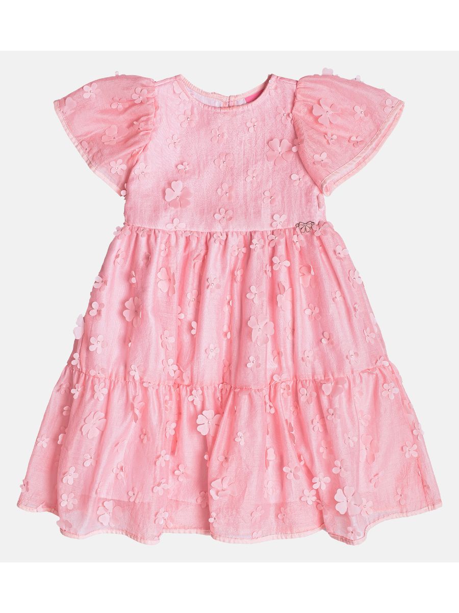 Vestido Tule Bordado de Flores Rosa