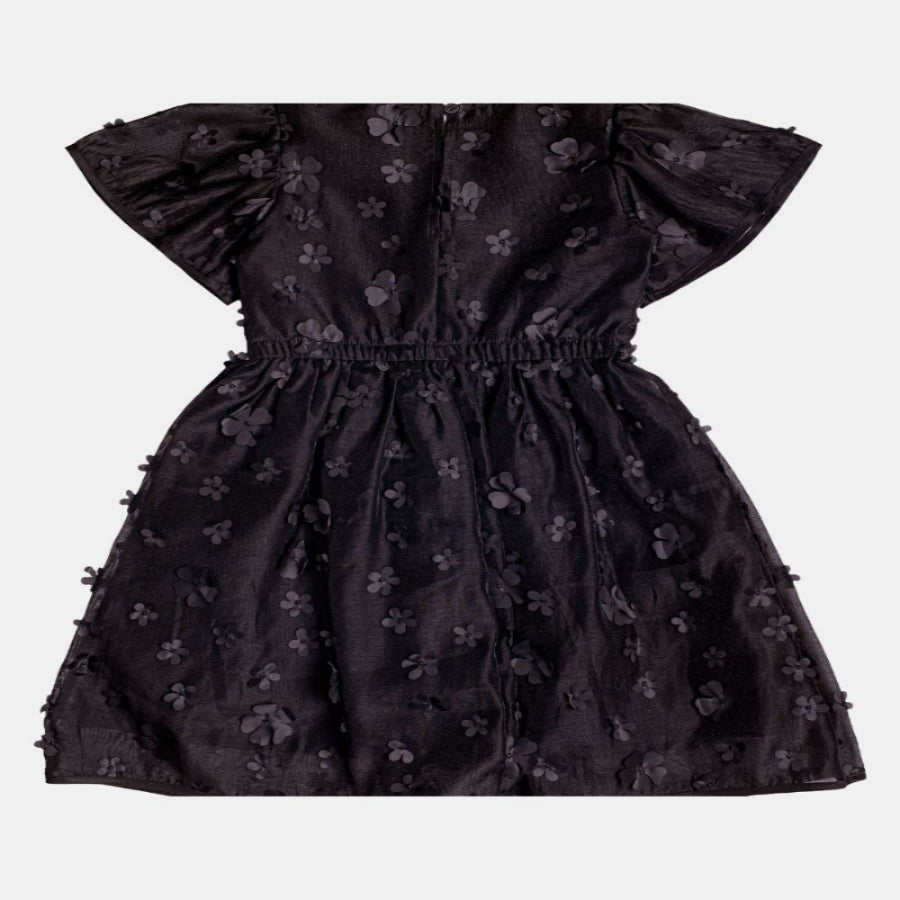 Vestido Tafetá Bordado Flores Preto