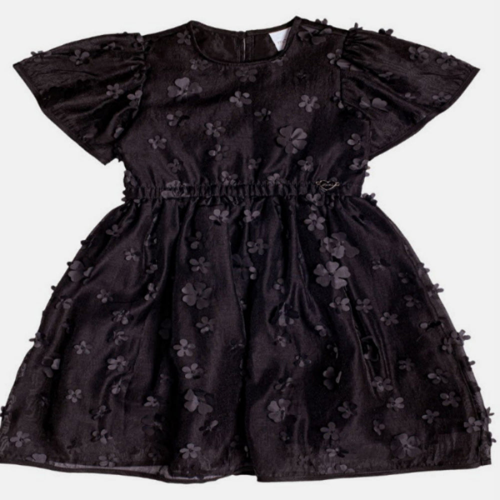 Vestido Tafetá Bordado Flores Preto