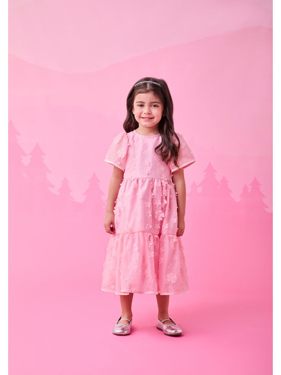 Vestido Tule Bordado de Flores Rosa