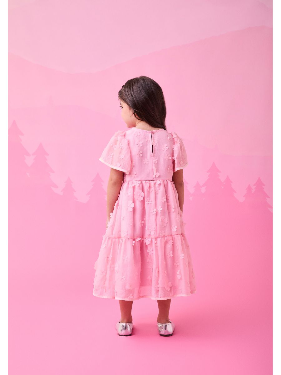 Vestido Tule Bordado de Flores Rosa